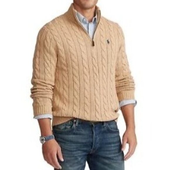 Set of 2 Ralph Lauren Cable Knit Sweaters Men XXL Camel 1/4 Zip & Blue Pullover - Picture 13 of 13